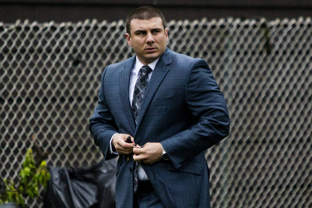 New York City police officer Daniel Pantaleo leaves his house Monday, May 13, 2019, in Staten I ...