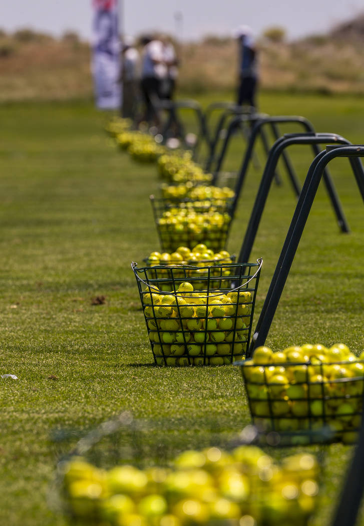 Baskets of balls are ready for players on the practice range during a PGA US Open qualifying ro ...