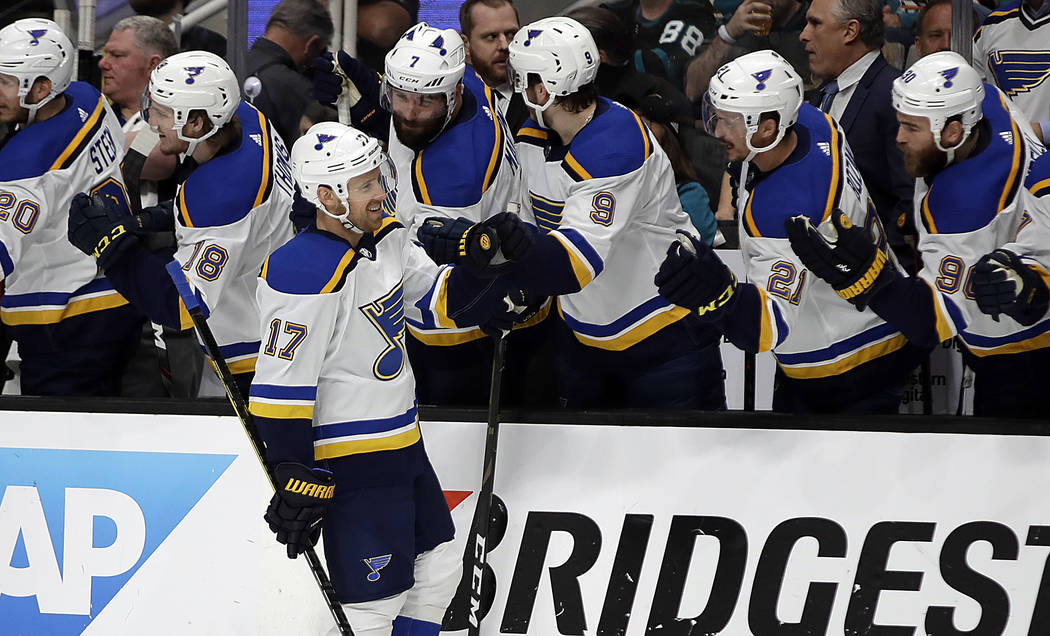 St. Louis Blues' Jaden Schwartz (17) is congratulated after scoring a goal against the San Jose ...