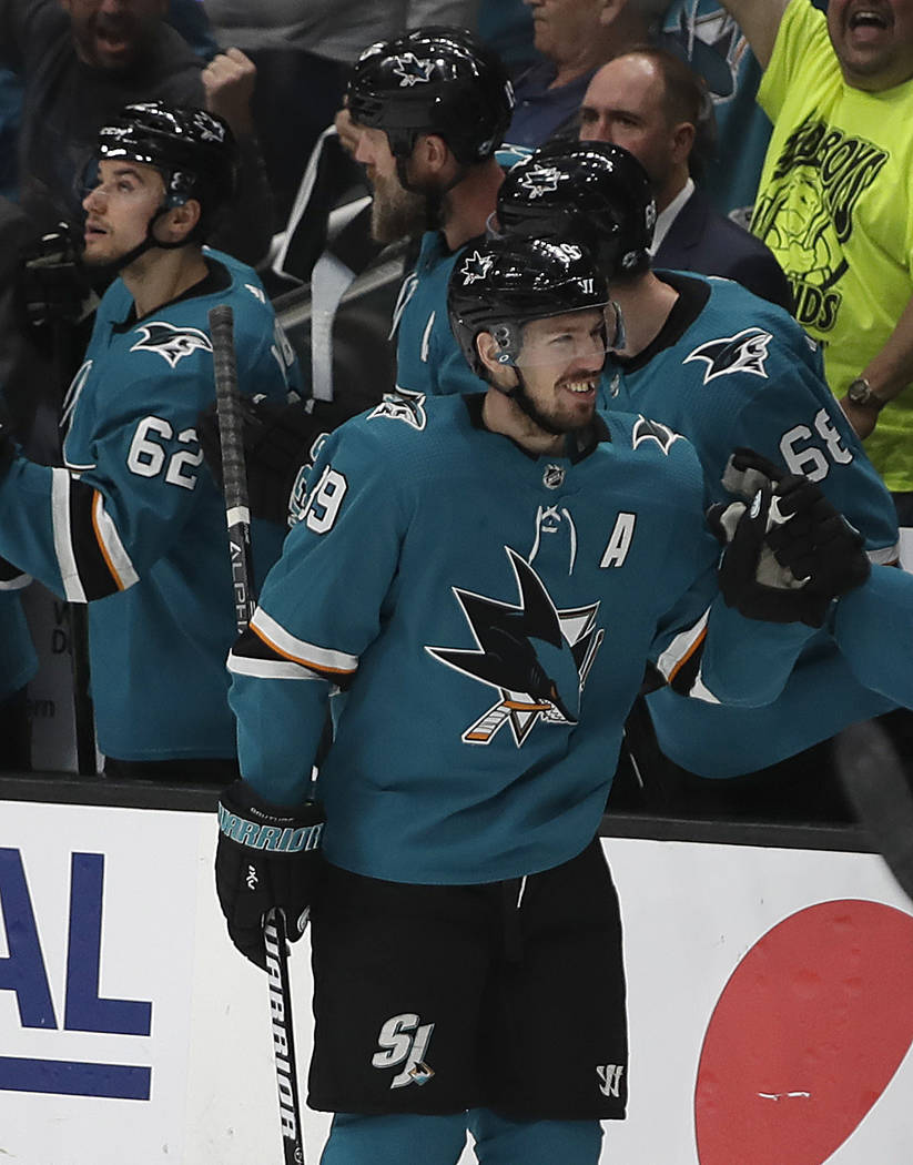 San Jose Sharks' Logan Couture (39) celebrates after scoring a goal against the St. Louis Blues ...