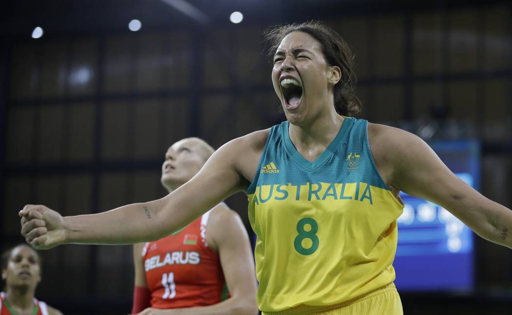 Australia center Liz Cambage reacts after making a basket and receiving a foul during the secon ...
