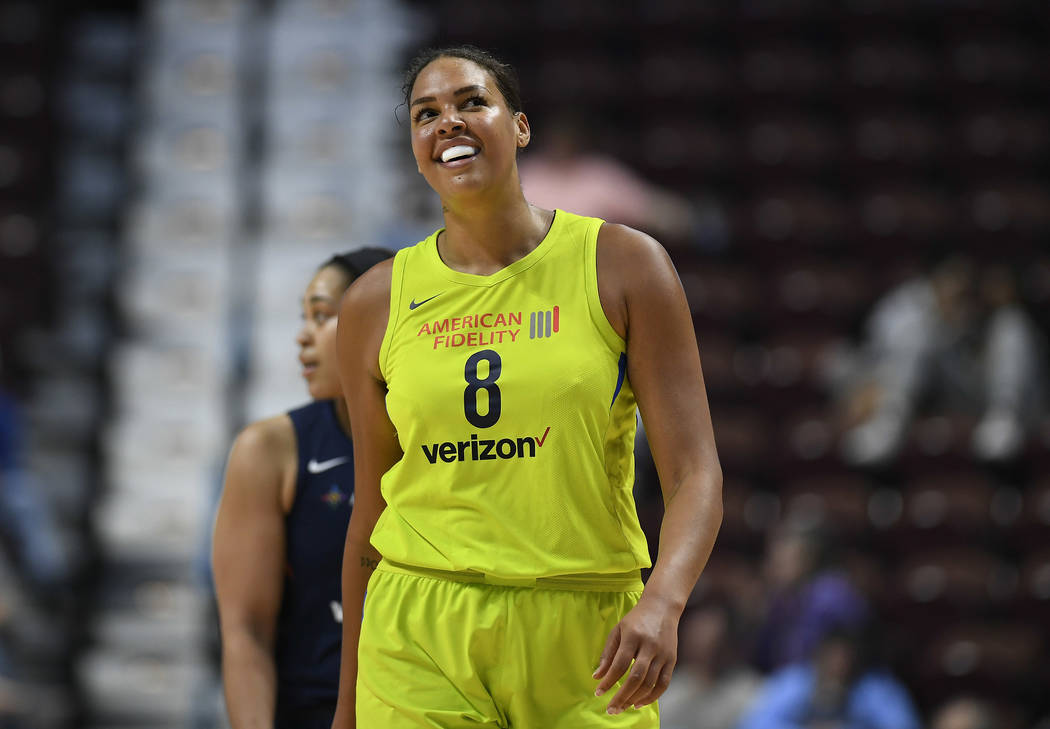 FILE - In this May 8, 2018, file photo, Dallas Wings' Liz Cambage smiles during a preseason WNB ...