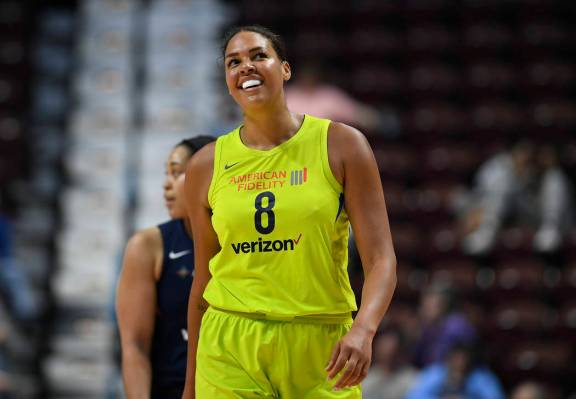 FILE - In this May 8, 2018, file photo, Dallas Wings' Liz Cambage smiles during a preseason WNB ...