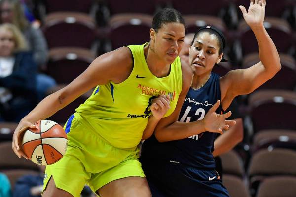 In this May 8, 2018, file photo, Dallas Wings' Liz Cambage, left, drives against Connecticut Su ...