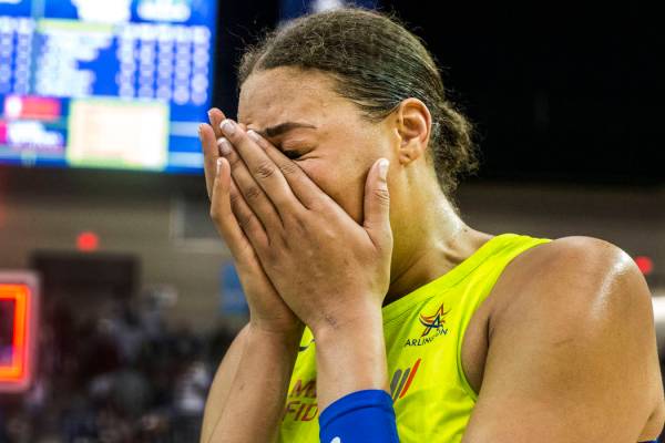 Dallas Wings center Liz Cambage (8) cries after the game against the Las Vegas Aces at College ...