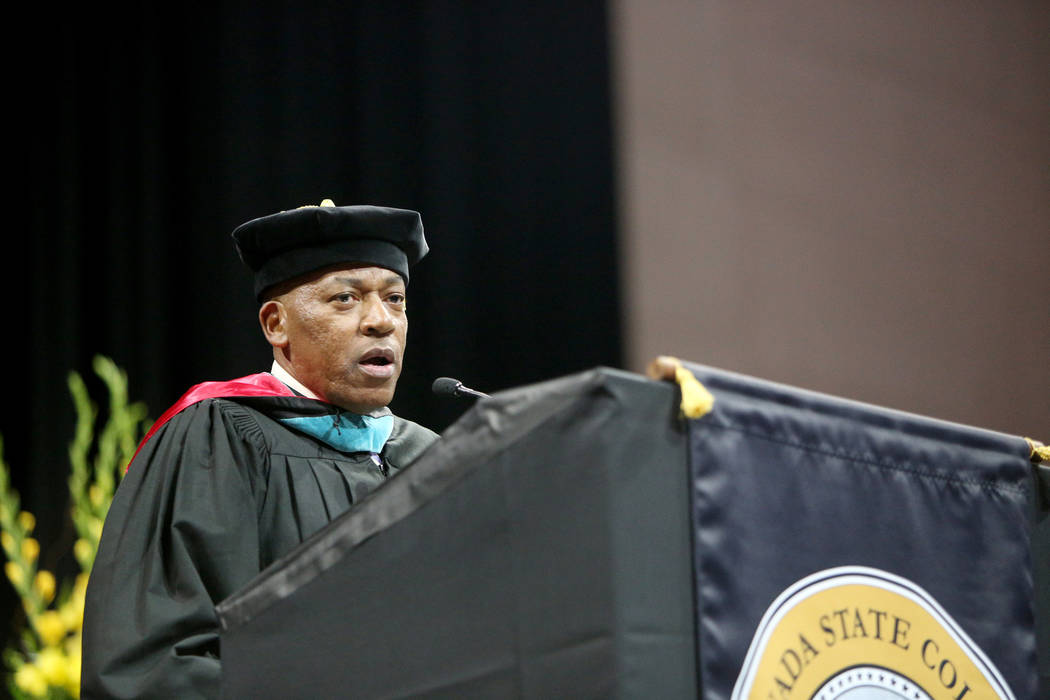 Commissioner Lawrence Weekly speaks at the Nevada State College graduation ceremony at The Orle ...