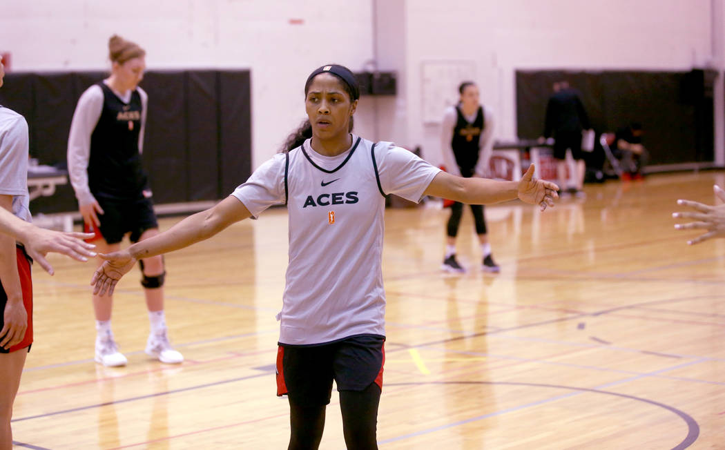 Veteran guard Sydney Colson fires up teammates during practice at the Cox Pavilion in Las Vegas ...