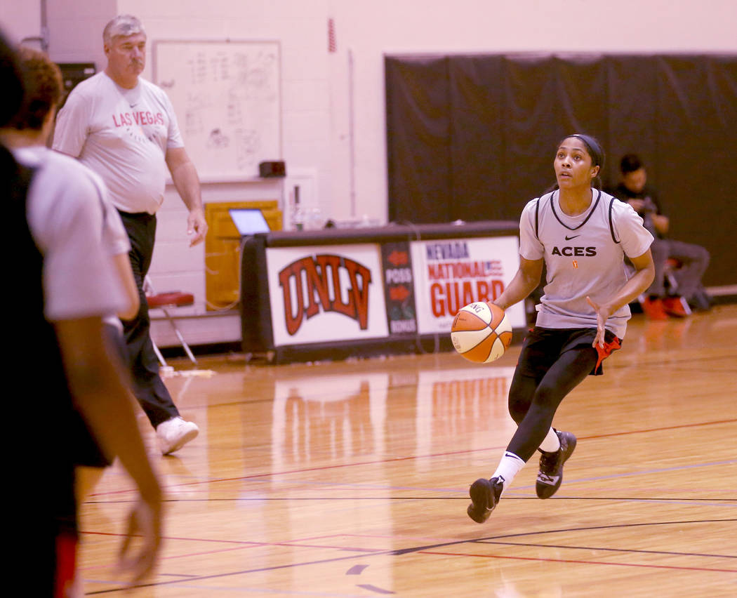 Veteran guard Sydney Colson looks to shoot during practice at the Cox Pavilion in Las Vegas Wed ...