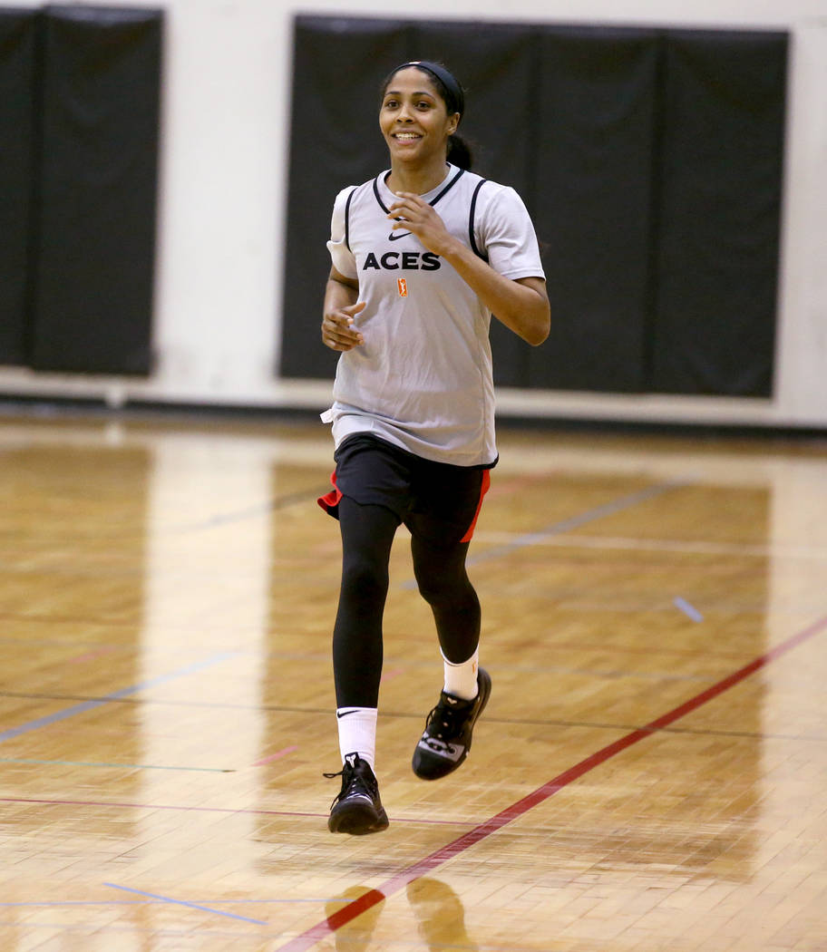 Veteran guard Sydney Colson runs during practice at the Cox Pavilion in Las Vegas Wednesday, Ma ...