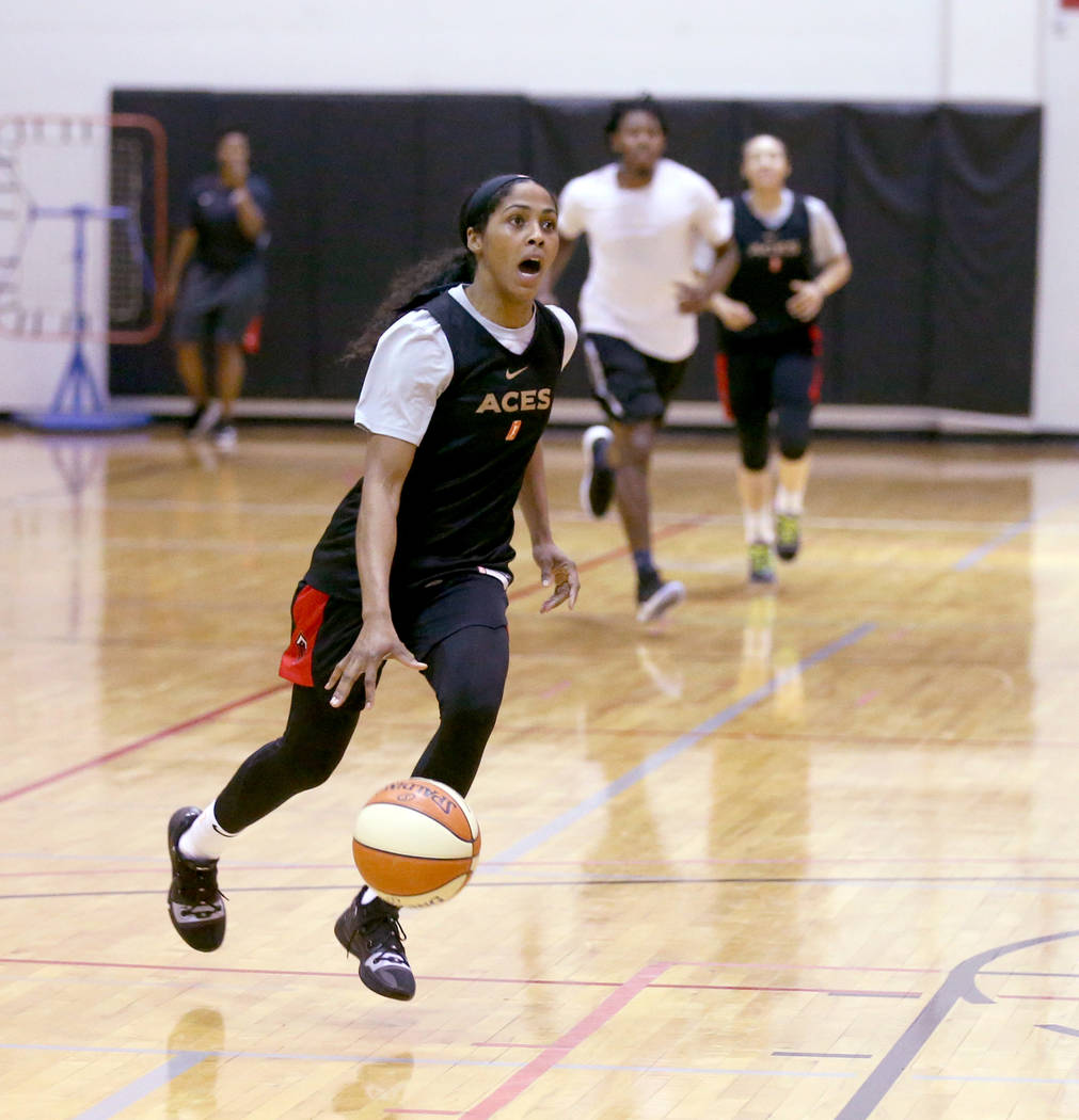 Veteran guard Sydney Colson drives during practice at the Cox Pavilion in Las Vegas Wednesday, ...