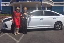 Hyundai of Las Vegas customer Diane Bedno, right, and her sister, Rita Keenan, are seen with th ...