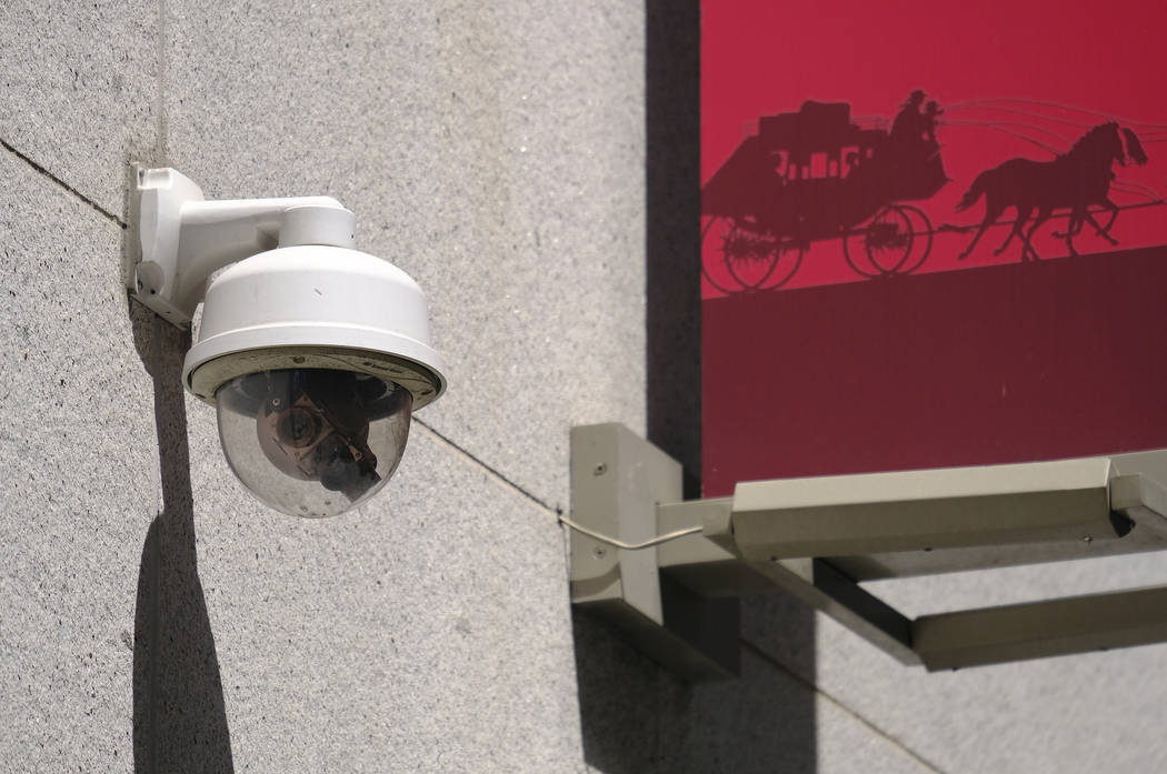 This photo taken Tuesday, May 7, 2019, shows a security camera in the Financial District of San ...
