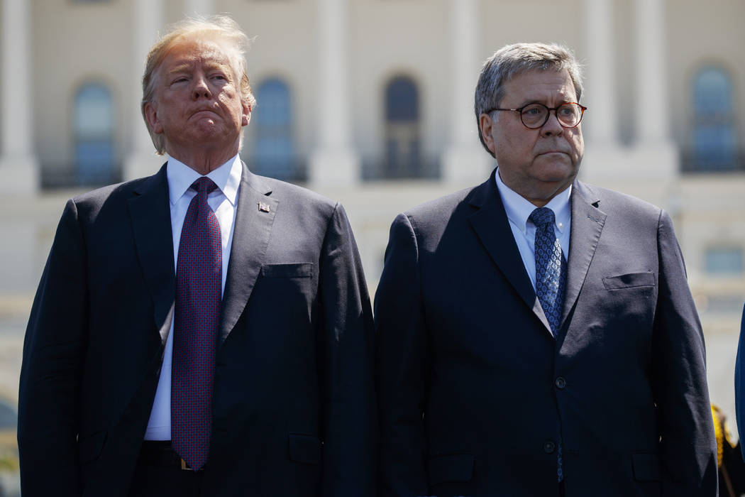 President Donald Trump stands with Attorney General William Barr during the 38th Annual Nationa ...