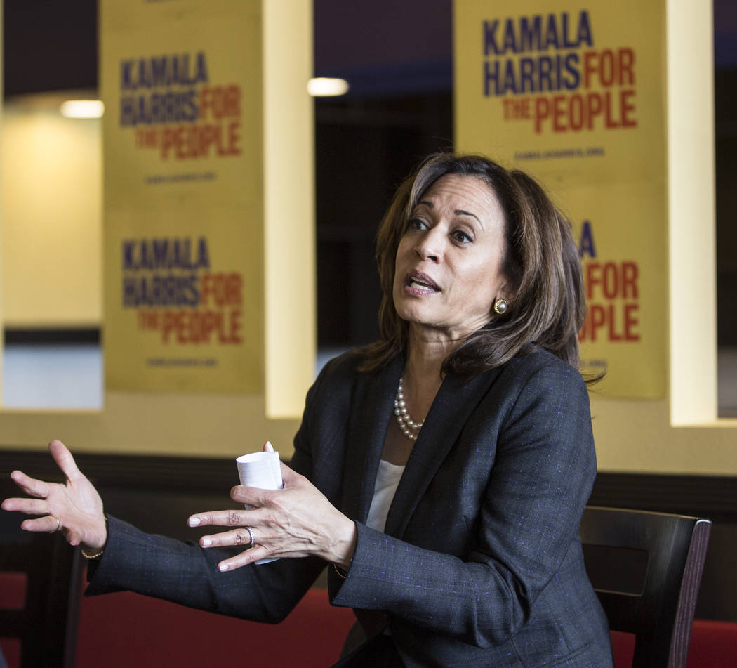 Presidential candidate Sen. Kamala Harris, D-Calif., addresses the audience during a meet and g ...