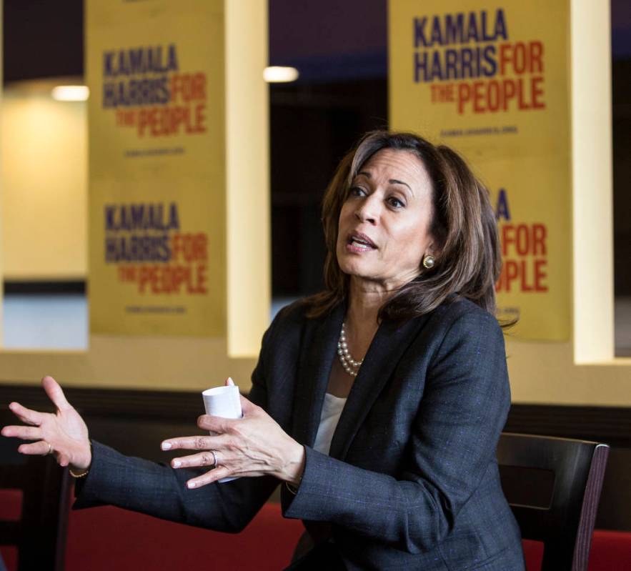Presidential candidate Sen. Kamala Harris, D-Calif., addresses the audience during a meet and g ...