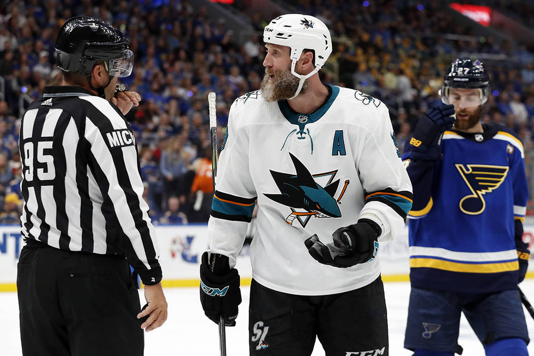 San Jose Sharks center Joe Thornton argues a call with linesman Jonny Murray (95) during the se ...