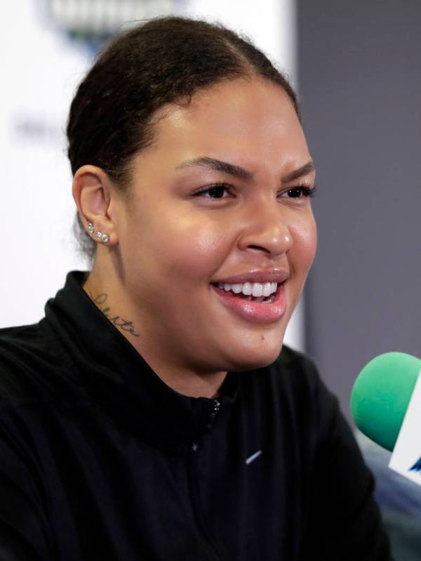 Dallas Wings newly acquired center Liz Cambage of Australia, responds to questions during a new ...