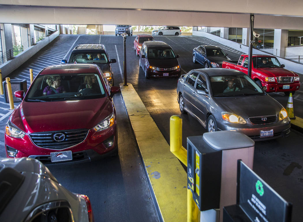 Cars line up to pay for parking at MGM Grand on Thursday, May 16, 2019, in Las Vegas. (Las Vega ...