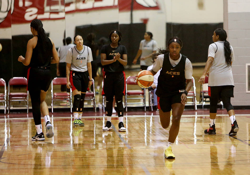 Jackie Young during the first training camp of the season at Cox Pavilion in Las Vegas, Sunday, ...