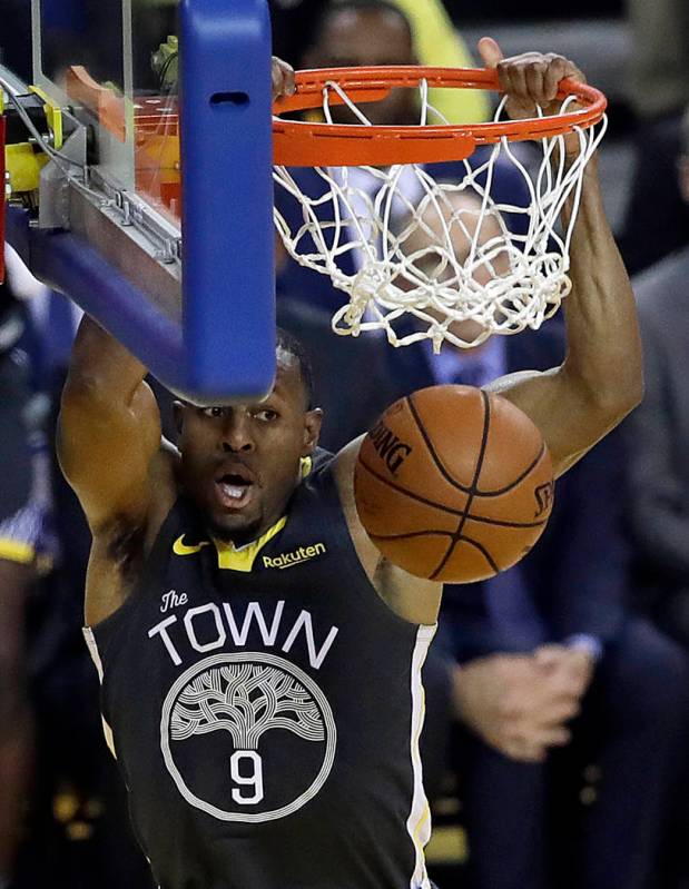 Golden State Warriors' Andre Iguodala scores against the Portland Trail Blazers during the seco ...