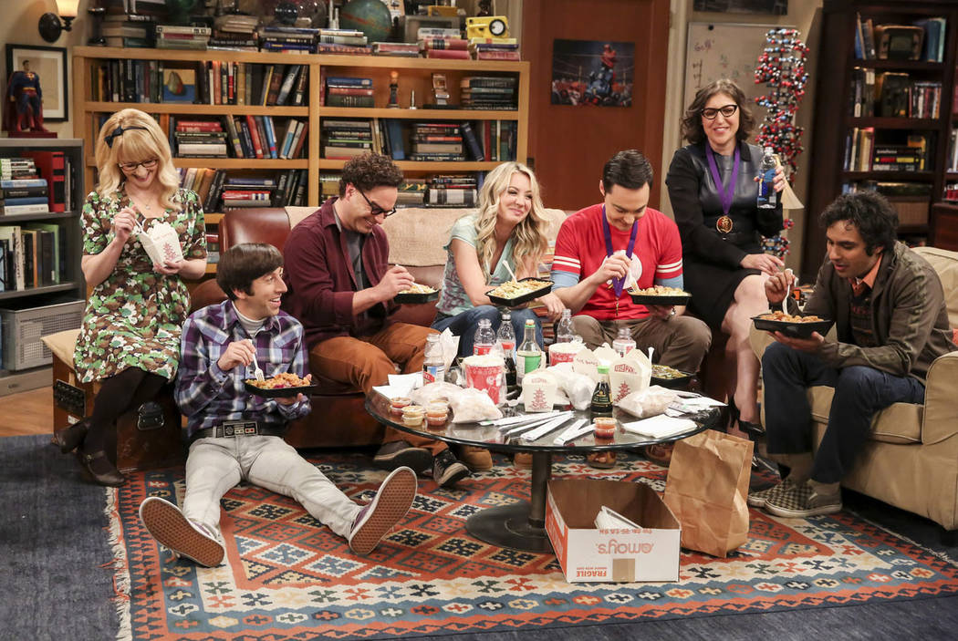 Melissa Rauch, from left, Simon Helberg, Johnny Galecki, Kaley Cuoco, Jim Parsons, Mayim Bialik ...