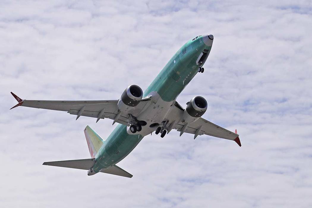 A Boeing 737 MAX 8 jetliner being built for Turkish Airlines takes off on a test flight May 8, ...