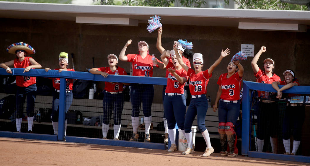 Coronado players cheer during their Class 4A state championship winners' bracket final softball ...