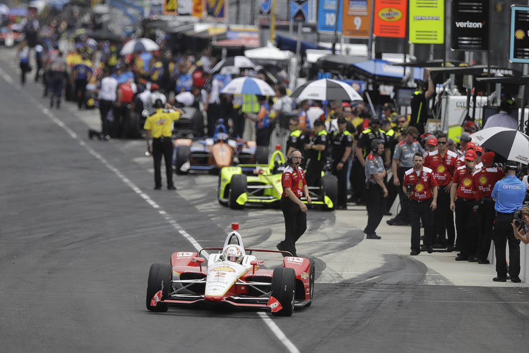 Josef Newgarden pulls out of the pits during practice for the Indianapolis 500 IndyCar auto rac ...