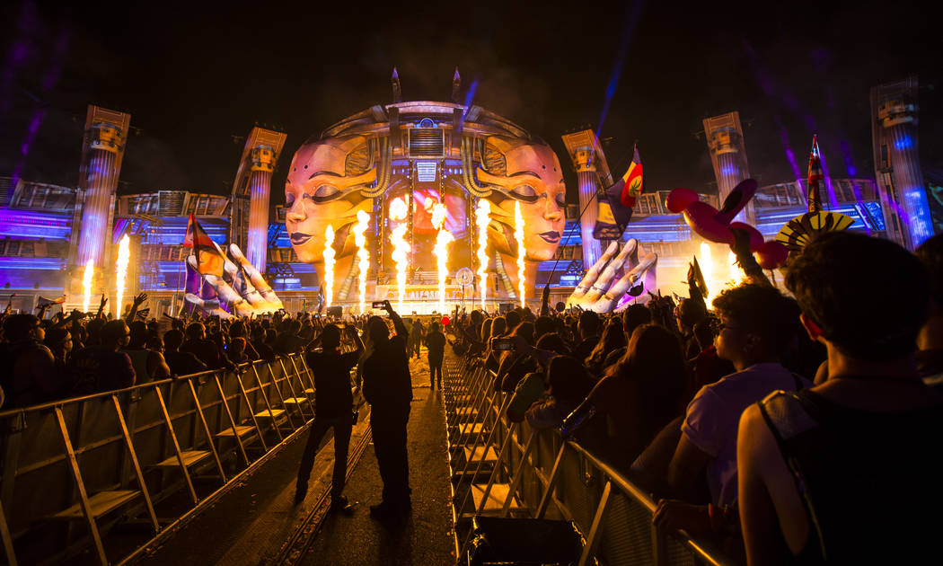 Pyrotechnics go off as Alesso performs at the Kinetic Field stage during the first day of the E ...