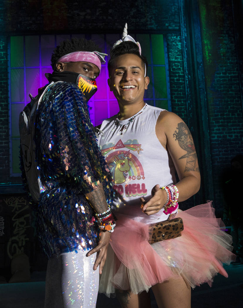 Terry Dix, left, and Jordan Guzman, both from Tyler, Texas, on day three of Electric Daisy Carn ...