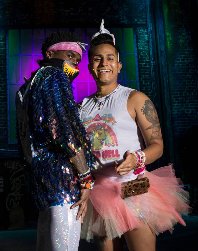 Terry Dix, left, and Jordan Guzman, both from Tyler, Texas, on day three of Electric Daisy Carn ...