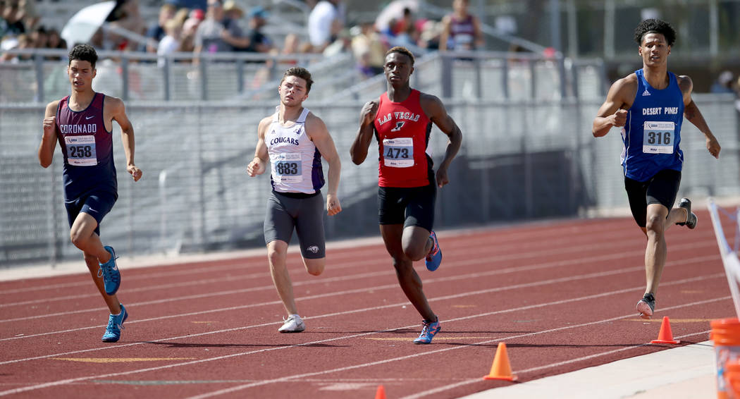 Elijah Hernandez of Coronado, from left, Brandon Jones of Spanish Springs, Miles Davis of Las V ...