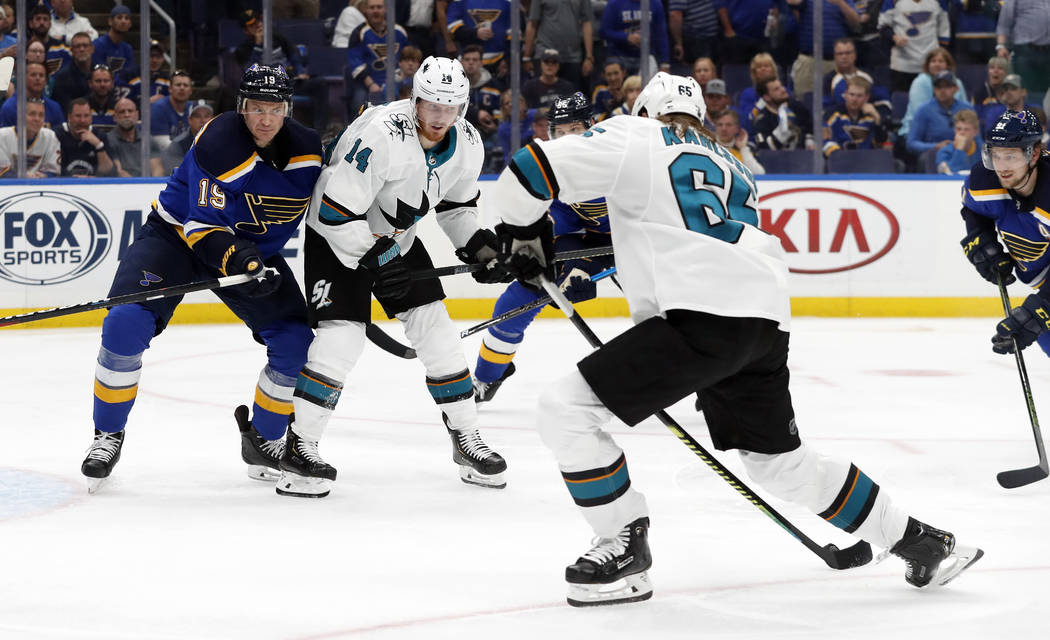 San Jose Sharks defenseman Erik Karlsson (65), of Sweden, scores the winning goal against the S ...