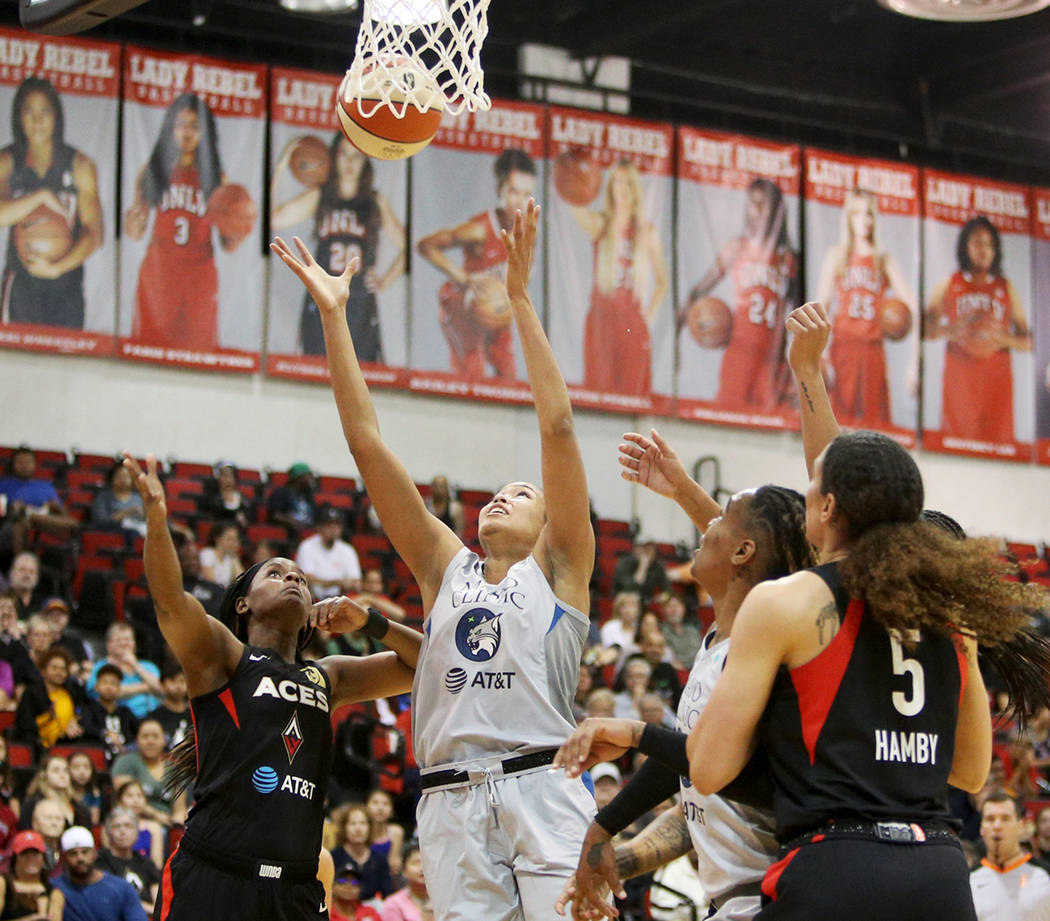 Minnesota Lynx's Napheesa Collier (24) attempts a basket during a preseason game at Cox Pavilio ...