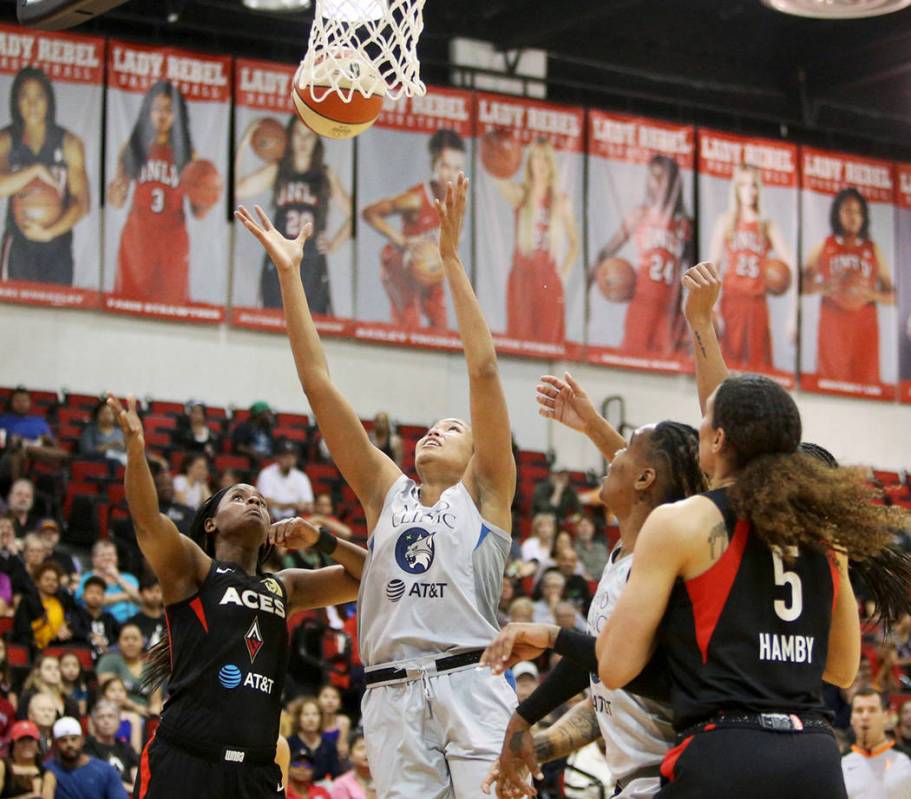 Minnesota Lynx's Napheesa Collier (24) attempts a basket during a preseason game at Cox Pavilio ...