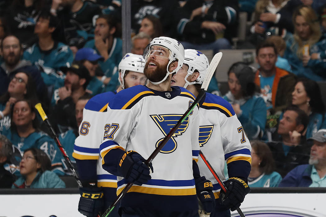 St. Louis Blues' Alex Pietrangelo (27) celebrates a goal against the San Jose Sharks by Oskar S ...