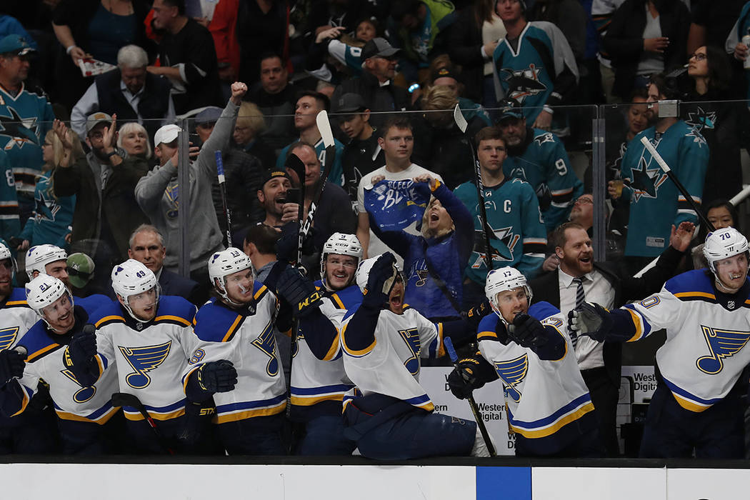 St. Louis Blues' bench celebrates a goal by Vladimir Tarasenko (91), (not shown) against the Sa ...