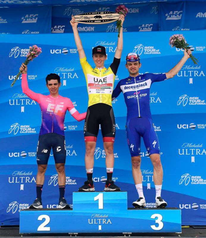 Tour of California bicycle race overall winners, from left to right, Sergio Andres Higuita Garc ...