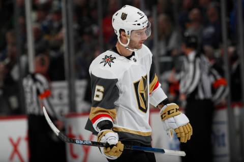 Vegas Golden Knights defenseman Colin Miller (6) in the third period of an NHL hockey game Mond ...