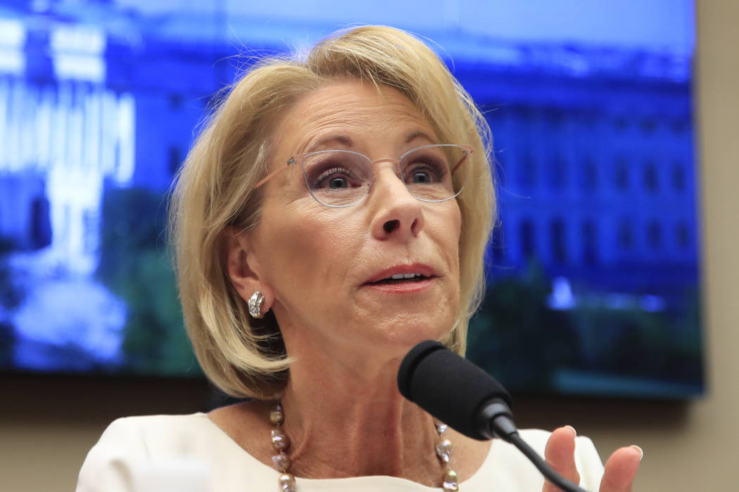 FILE - In this April 10, 2019, file photo, Education Secretary Betsy DeVos testifies on Capitol ...