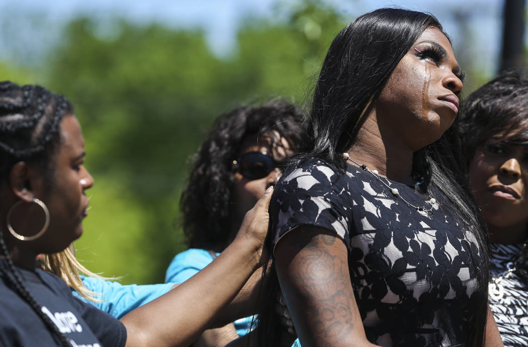 In this Friday, April 20, 2019 photo, Muhlaysia Booker speaks during a rally in Dallas. Booker, ...