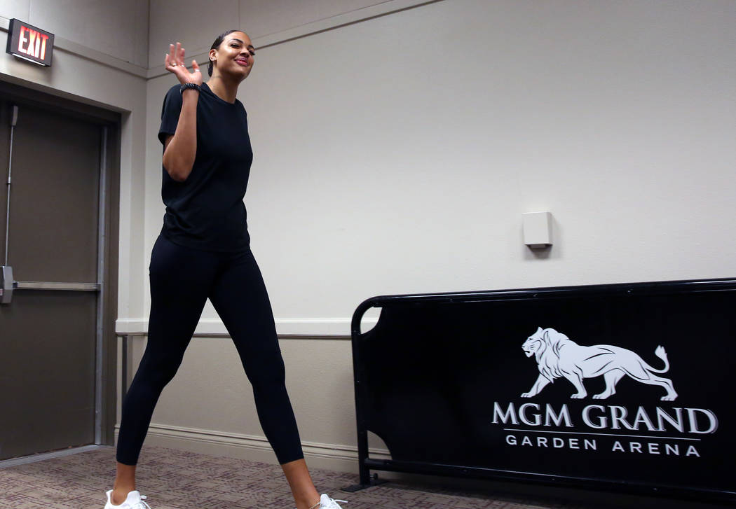 Liz Cambage, two-time All Star, and 2018 league MVP runner up, prepares to take the podium duri ...