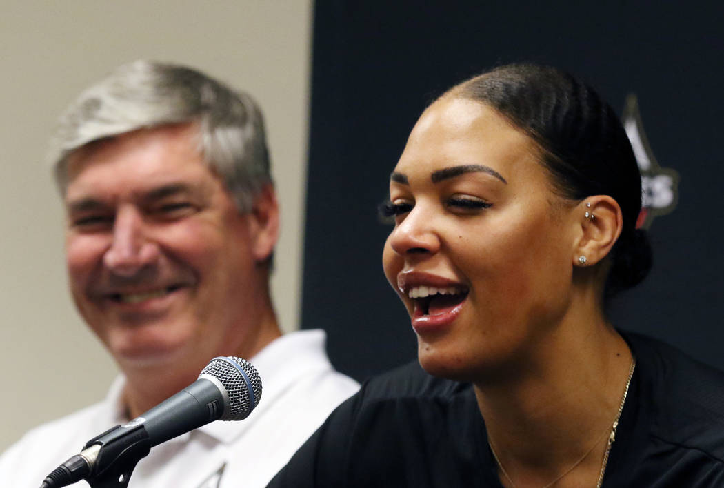 Liz Cambage, two-time All Star, and 2018 league MVP runner up, speaks as Las Vegas Aces' head c ...