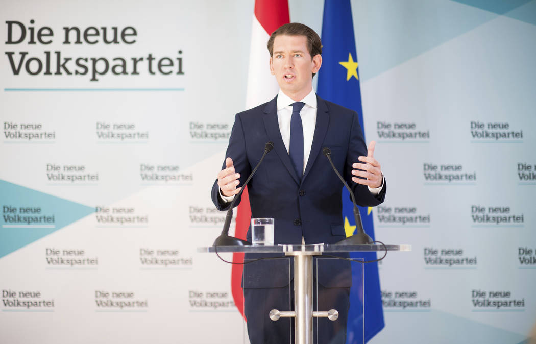 Austrian Chancellor Sebastian Kurz, of the Austrian People's Party, OEVP, addresses the media d ...