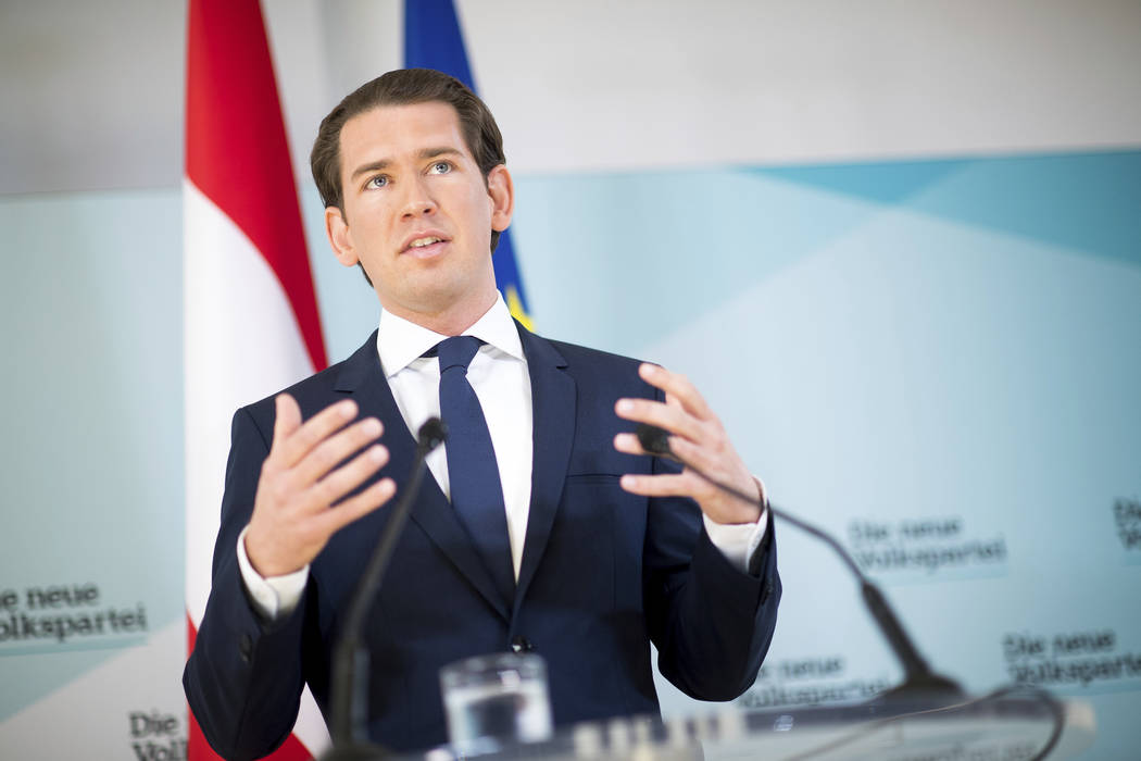 Austrian Chancellor Sebastian Kurz, of the Austrian People's Party, OEVP, addresses the media d ...