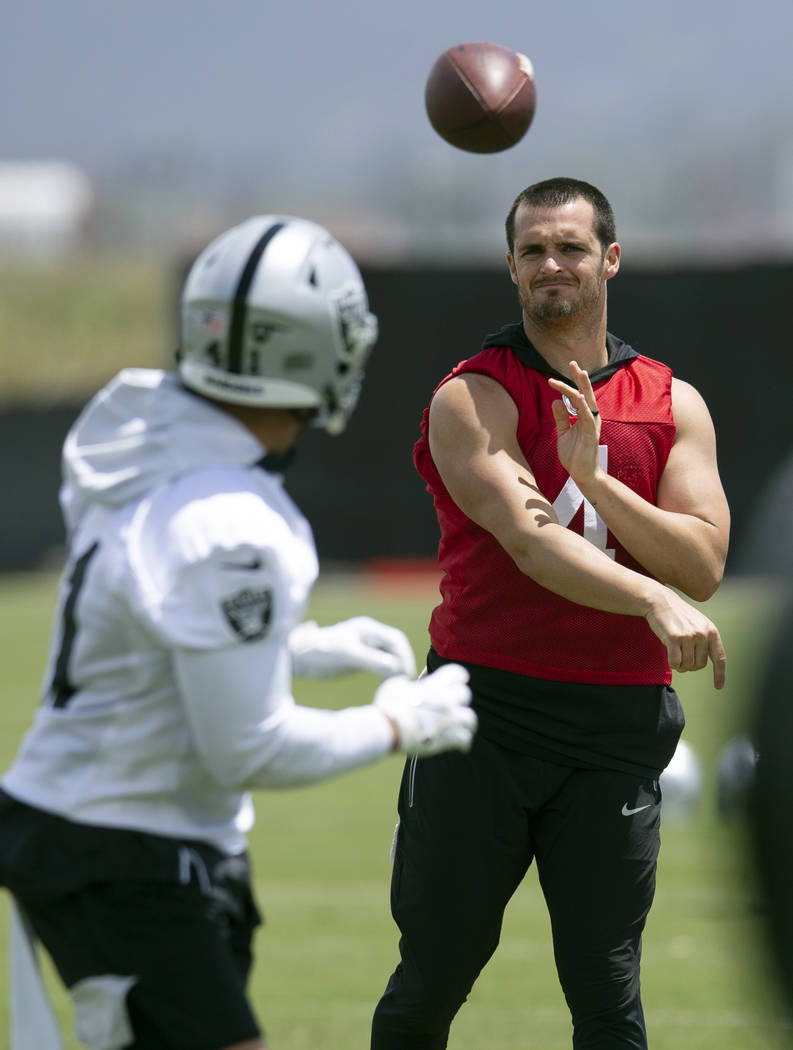 Oakland Raiders quarterback Derek Carr (4) throws a pass during an official team activity, Tues ...