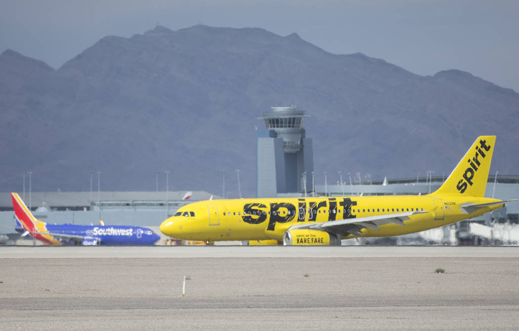 A Spirit Airlines aircraft taxis at McCarran International Airport on Tuesday, May 21, 2019, in ...