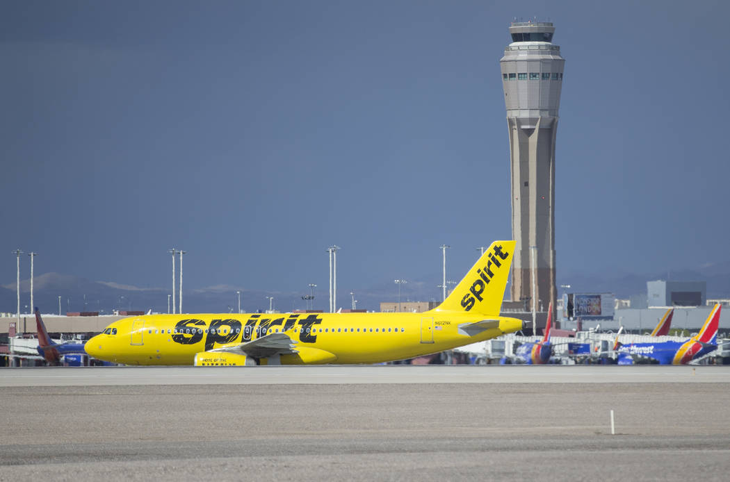 A Spirit Airlines aircraft taxis at McCarran International Airport on Tuesday, May 21, 2019, in ...