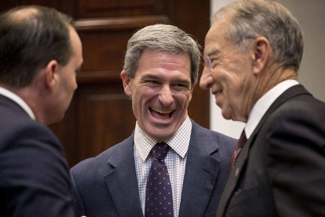 Sen. Mike Lee, R-Utah, left, former Virginia Attorney General Ken Cuccinelli and Sen. Chuck Gra ...