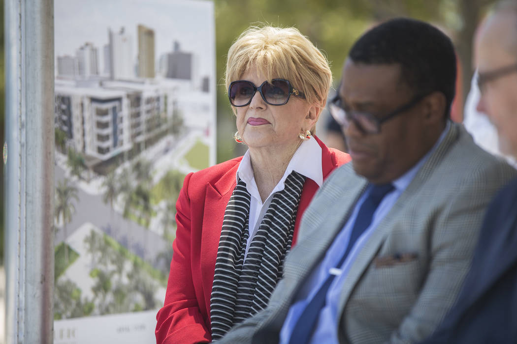 Mayor Carolyn Goodman, left, is introduced during a ground breaking ceremony for the first resi ...